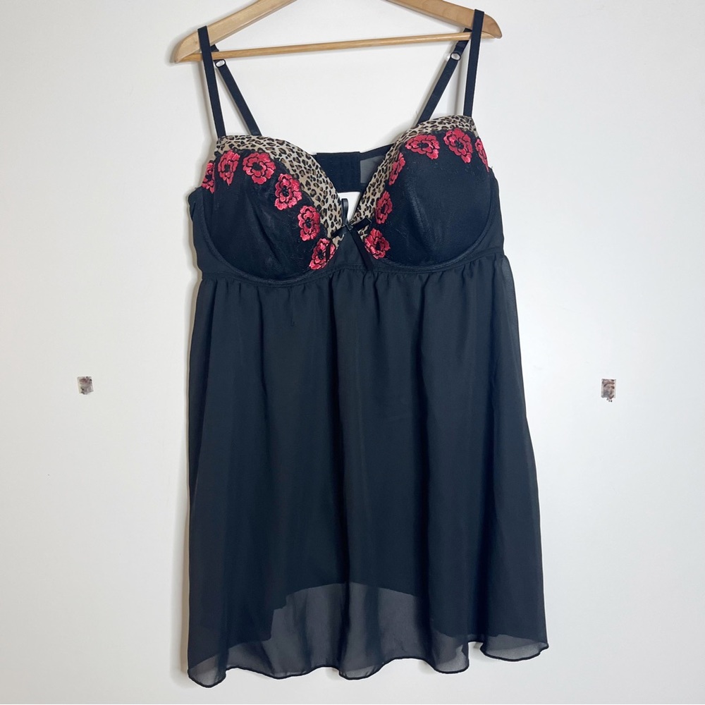 Cacique lace black floral trim lingerie chemise babydoll